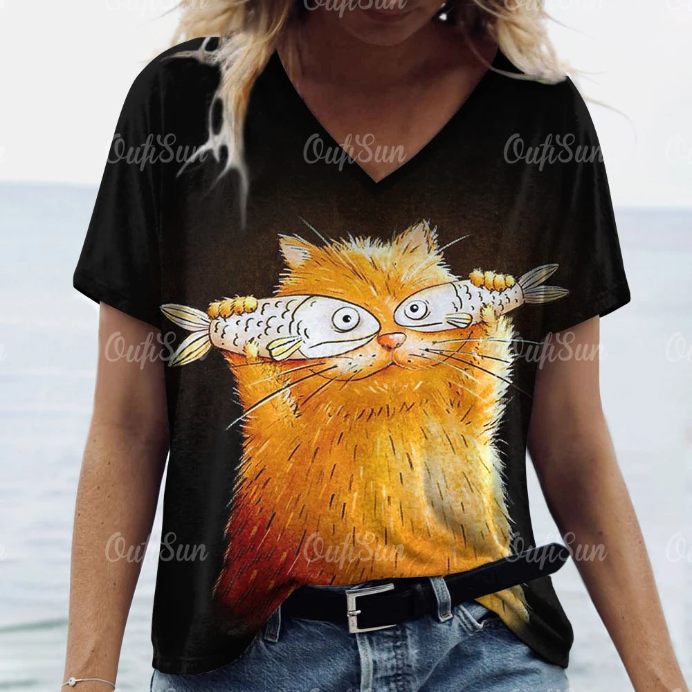 Women’s Oversized Cat Print T-Shirt – Casual Summer Streetwear Top