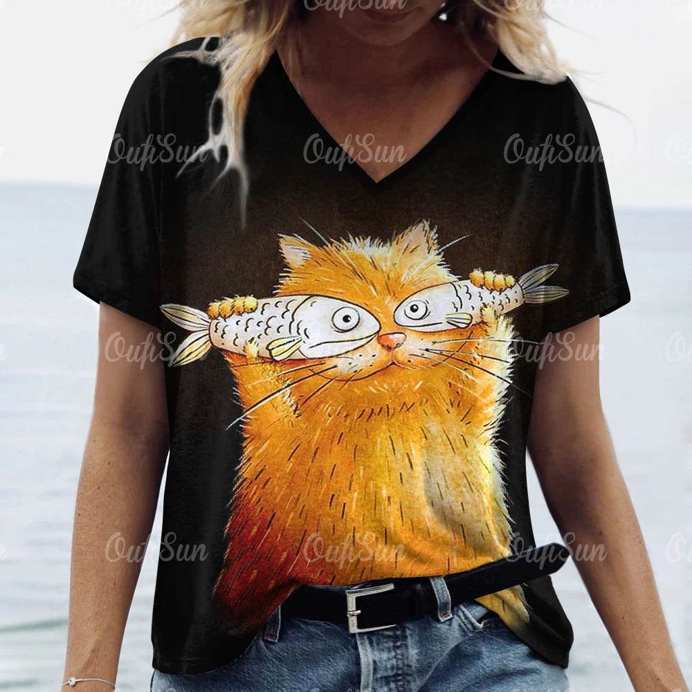 Stylemein - Women’s Oversized Cat Print T-Shirt – Casual Summer Streetwear Top