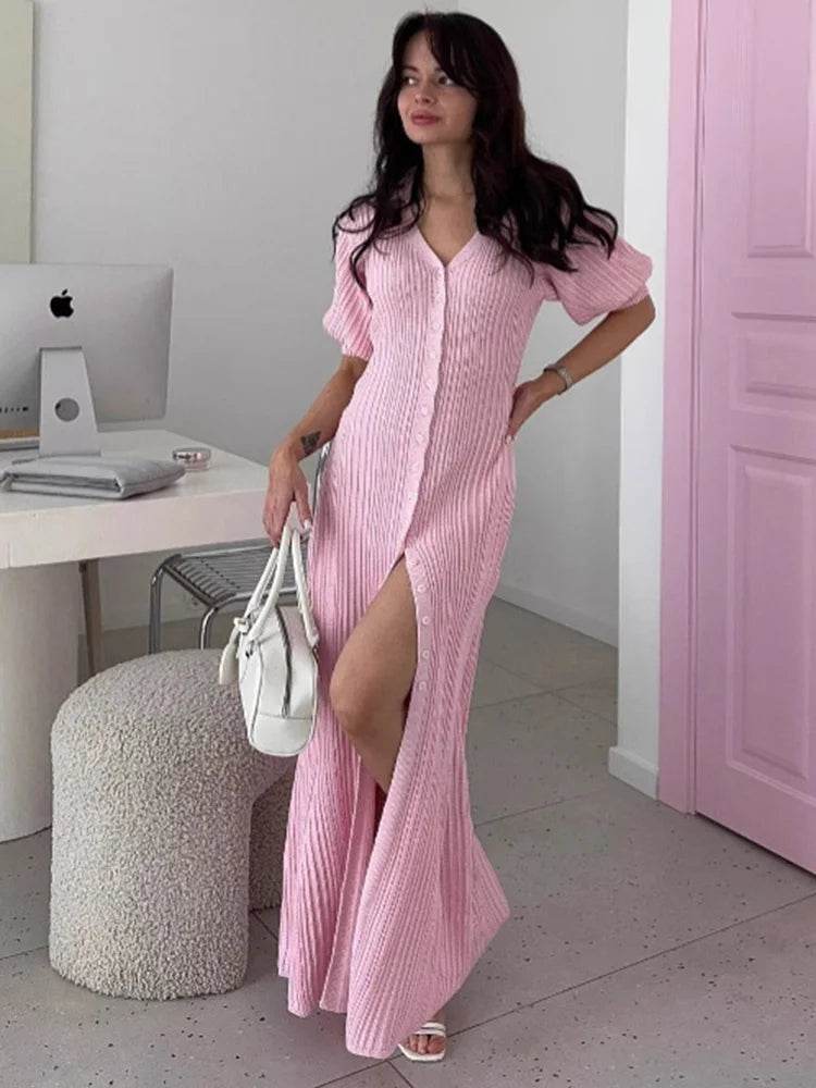 Women’s Knit Maxi Dress – Slit Long Cardigan Patchwork Dress - Stylemein
