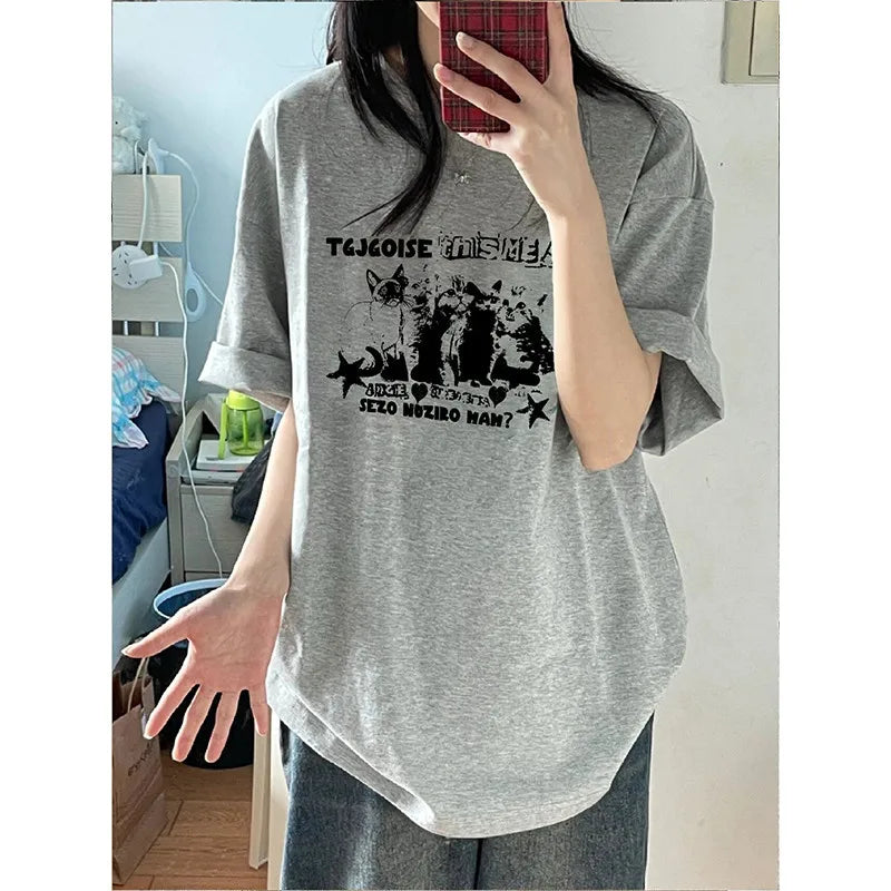 Unisex Oversized Cat Print T-Shirt – Retro College Summer Style