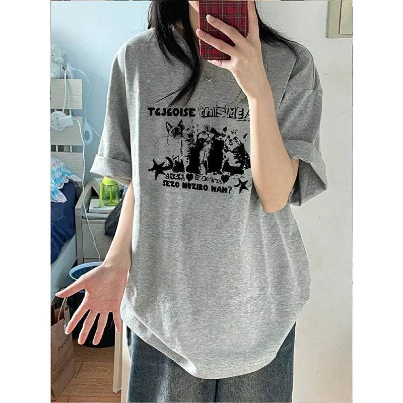 Stylemein - Unisex Oversized Cat Print T-Shirt – Retro College Summer Style