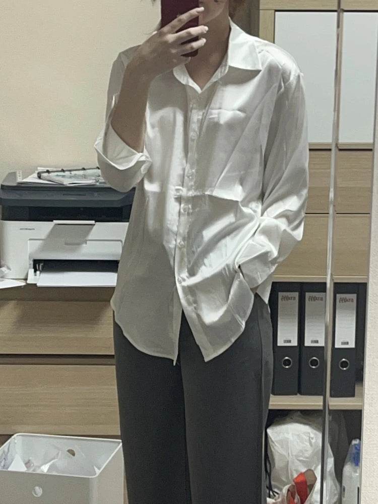 Elegant Satin Loose Fit Women's Shirt – Turn-Down Collar Casual Button Blouse for Spring and Autumn - Stylemein