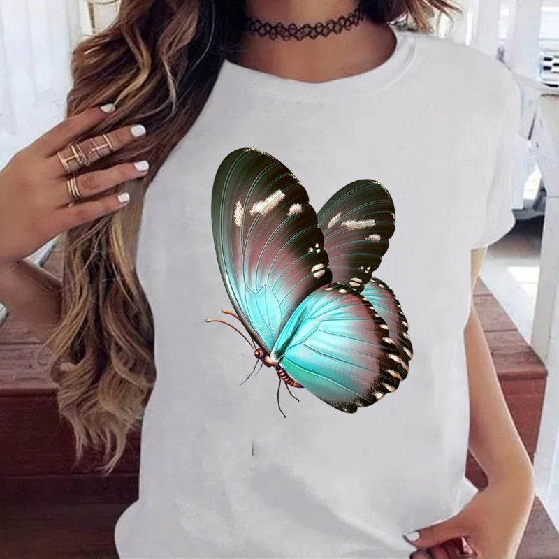 Women’s Butterfly Tree Print Harajuku T-Shirt – Black Round Neck Summer Casual Top