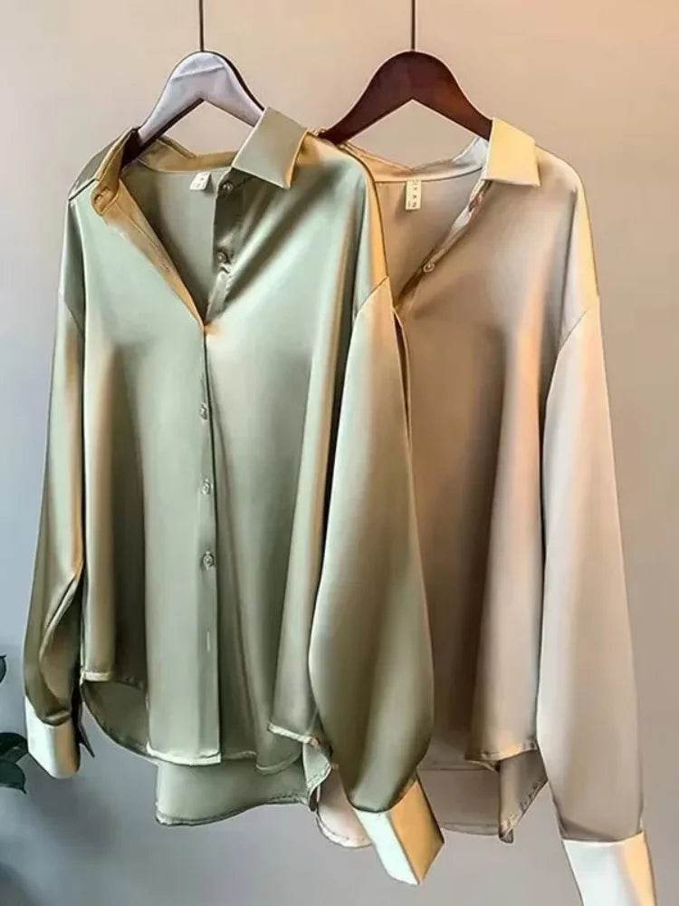 Elegant Satin Loose Fit Women's Shirt – Turn-Down Collar Casual Button Blouse for Spring and Autumn - Stylemein