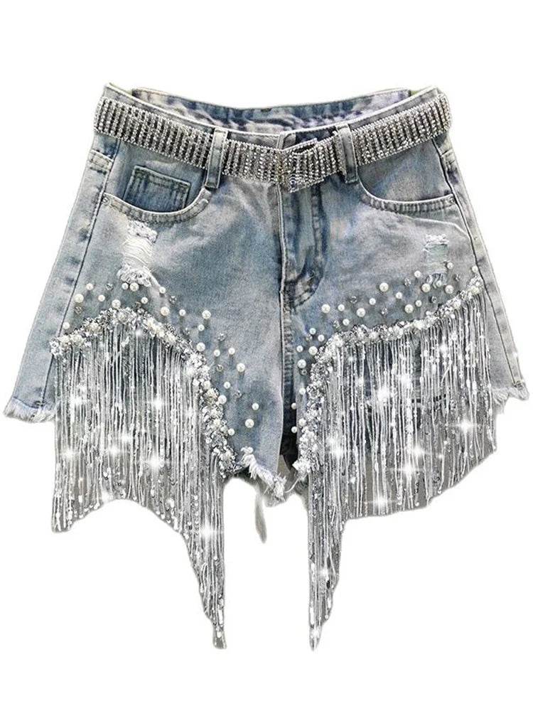 High Waist Beaded Denim Shorts – Tassel Wide-Leg Summer Jeans - Stylemein