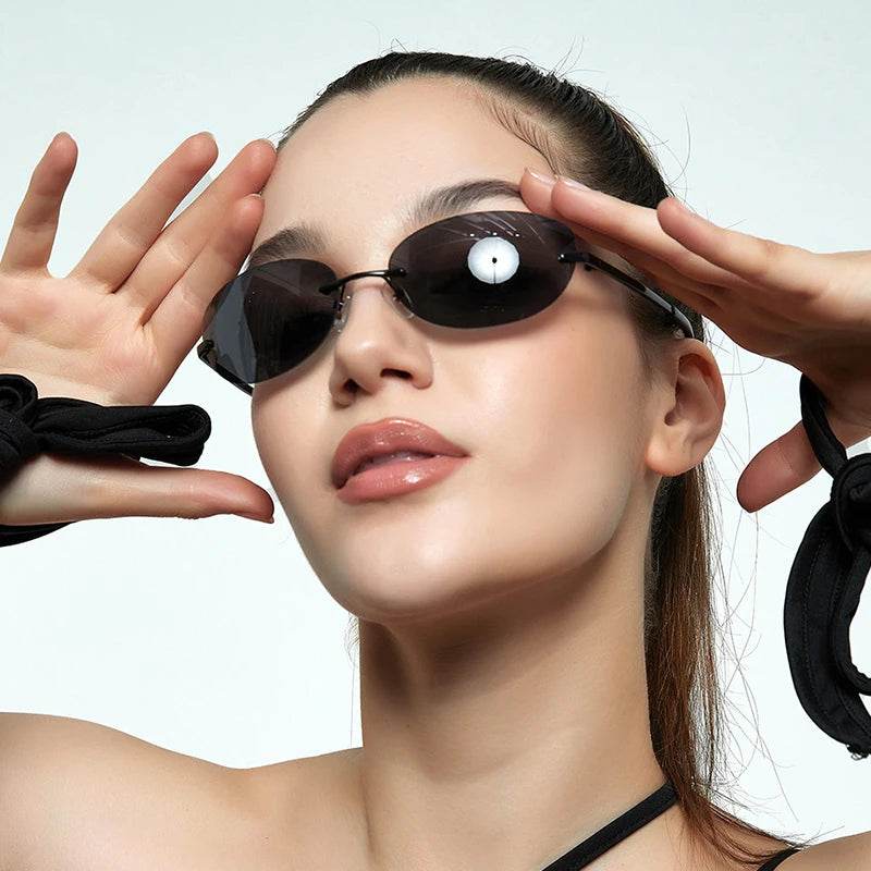 Stylemein - Oval Rimless Y2K Sunglasses for Women – Retro Futuristic Spice Girl Style Eyewear