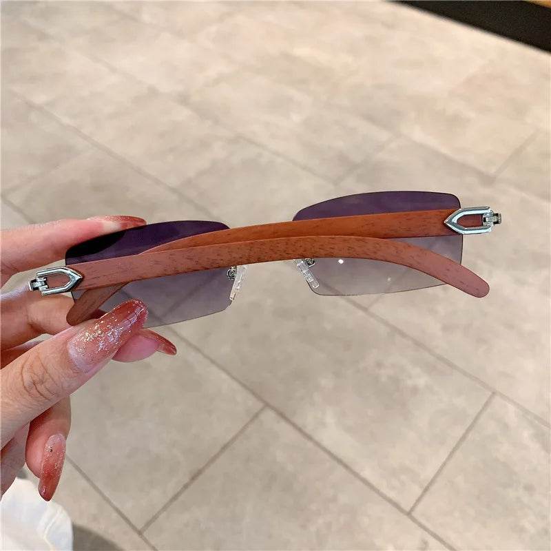 Stylemein - Rimless Wooden Pattern Sunglasses – Retro UV400 Shades for Men & Women