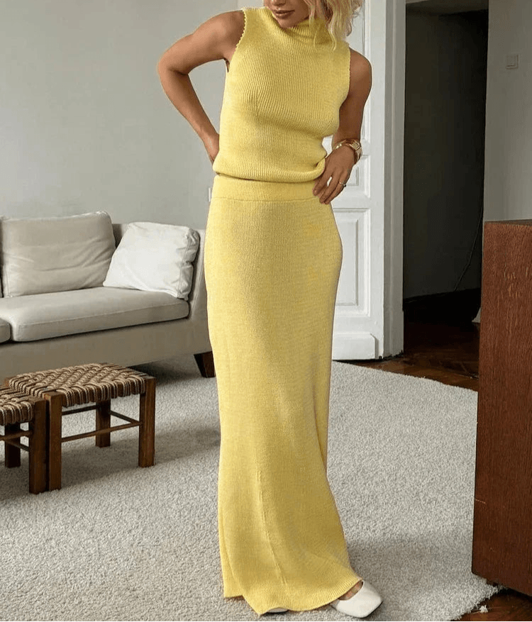 Elegant Knitted Two-Piece Skirt Set – Women’s Yellow Spring Summer Outfit - Stylemein