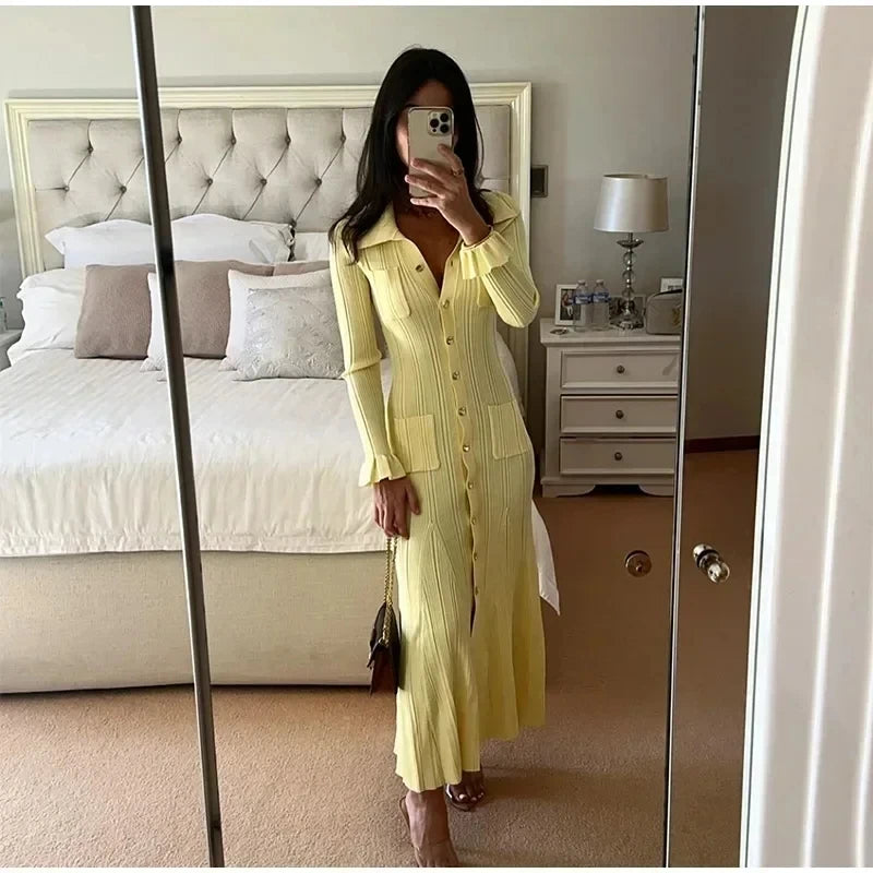 Women’s Winter Knitted Long Dress – Elegant Ruffle Sweater Style