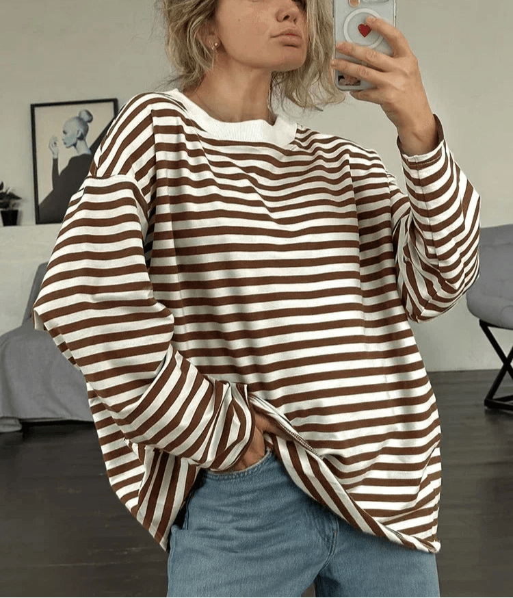 Oversized Striped Cotton T-Shirt – Women’s Long Sleeve Casual Top - Stylemein
