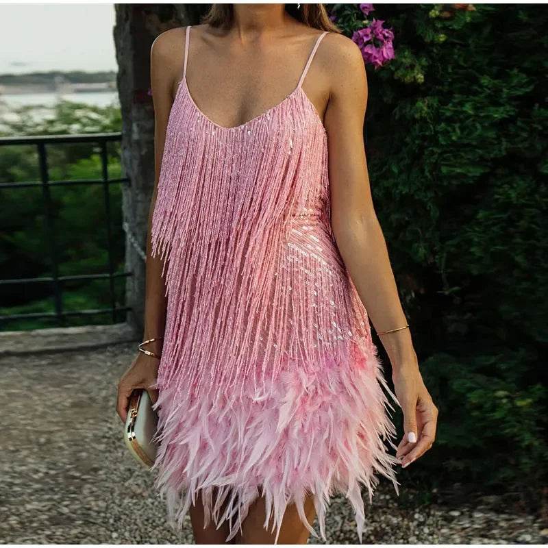 Glamorous Tassel Sequins and Feather Mini Dress for Women - Perfect for Evening Parties and Club Nights - Stylemein