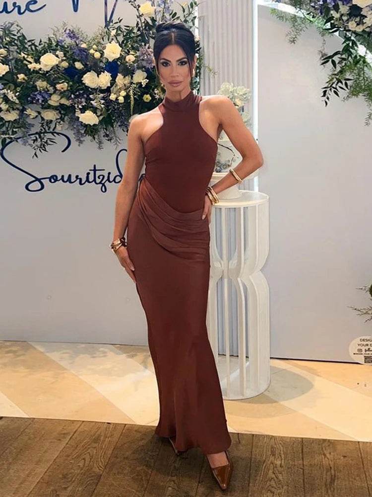 Satin Hollow Out Maxi Dress – Black Sleeveless High Waist Elegant Party Dress for Women - Stylemein