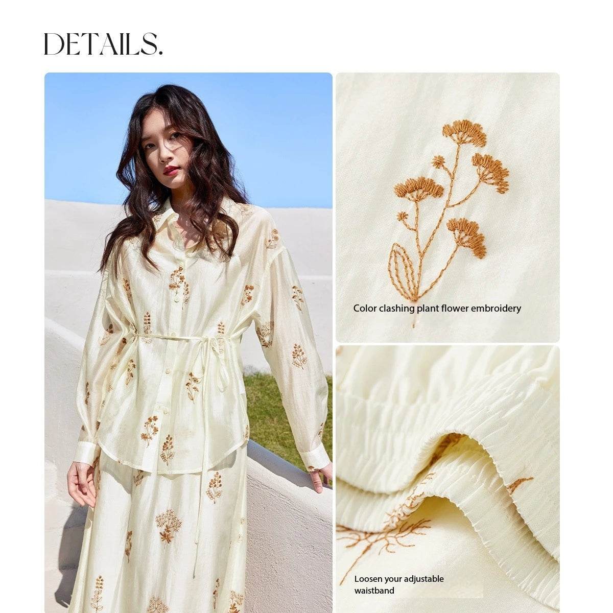 Lace-Up Shirt & Skirt Set – Embroidered Lyocell Two-Piece Outfit. - Stylemein