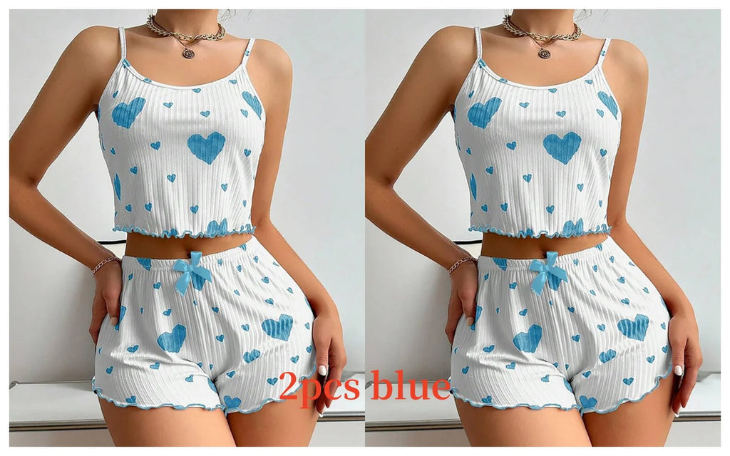 Women’s 2-Piece Pajama Set – White Love Print Tank Top & Shorts Sleepwear