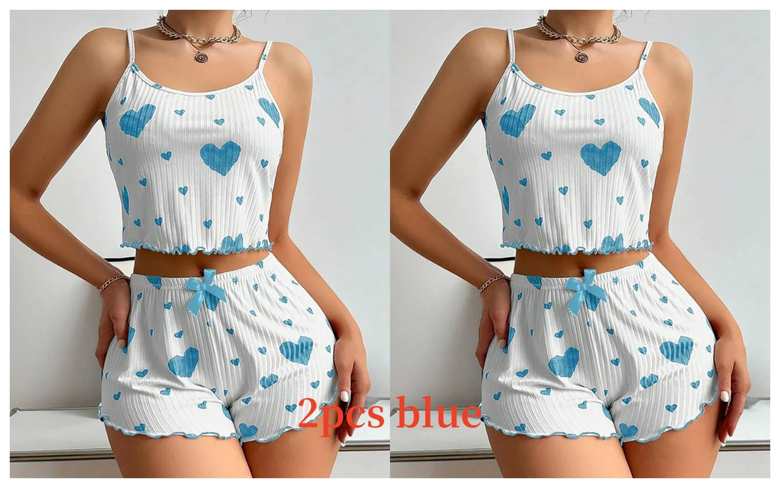 Women’s 2-Piece Pajama Set – White Love Print Tank Top & Shorts Sleepwear