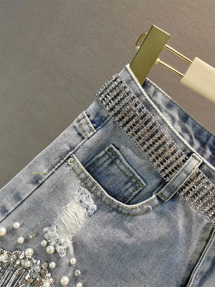 High Waist Beaded Denim Shorts – Tassel Wide-Leg Summer Jeans - Stylemein