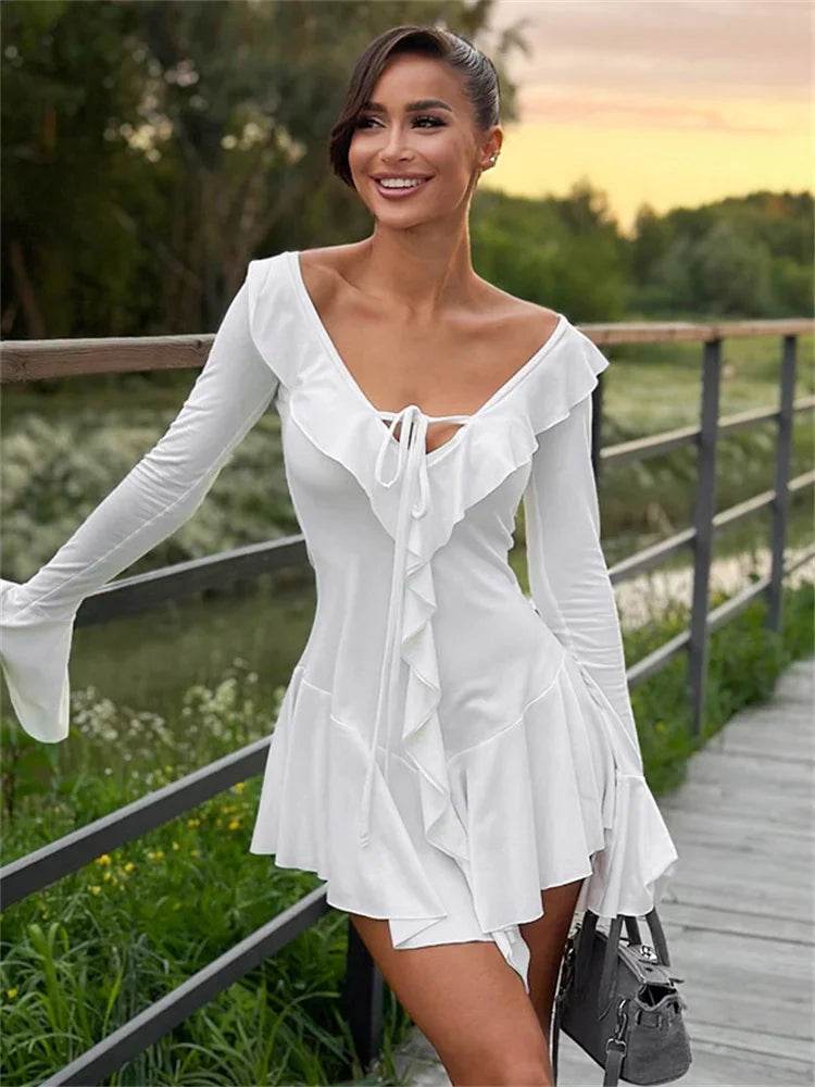 Sexy White Mini Dress with Ruffled Lace-Up Detail | V-Neck Patchwork Long Sleeve Slim Fit Bandage Dress for Women | Elegant Summer Party Dress - Stylemein