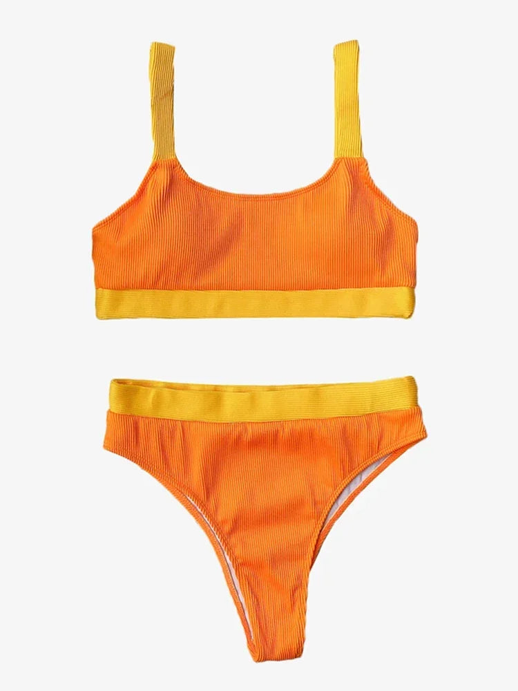 High Waist Bikini Woman Swimsuit Sexy Textured Brazilian Biquinis Colorblock Beachwear Summer