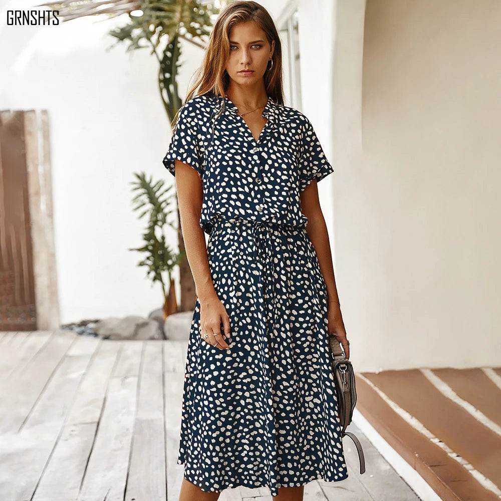 Vintage Floral Boho Shirt Dress – Waist Tie Long Casual Dress - Stylemein