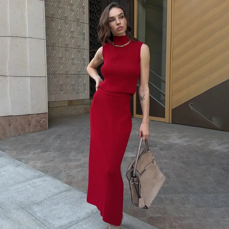 Elegant Knitted Two-Piece Set for Women – Turtleneck Vest & Slim Skirt