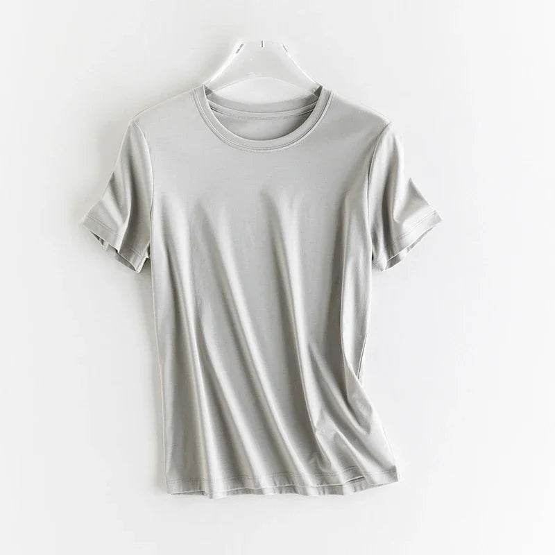 Luxury Silk & Mercerized Cotton Women’s T-Shirt – Short Sleeve Silky Feel V/O-Neck Summer Top - Stylemein