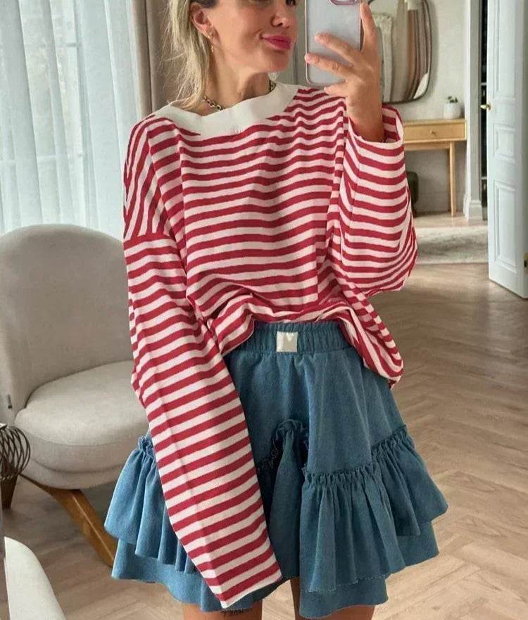 Oversized Striped Cotton T-Shirt – Women’s Long Sleeve Casual Top - Stylemein