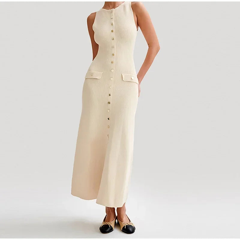Women’s Knitted Long Dress – Elegant Sleeveless Button Bodycon