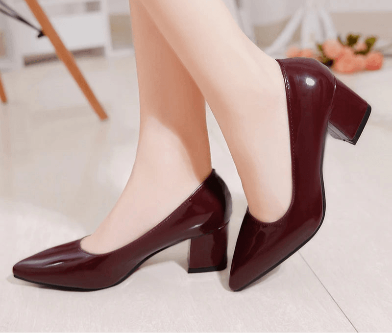 5cm Red Leather Pumps – Square Heel Pointed Toe Dress Shoes, Size 30–50, Classic Party & Office Style - Stylemein
