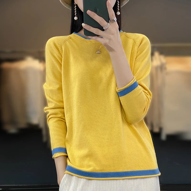 Cotton Knit Sweater – Loose Round Neck Color Block Top