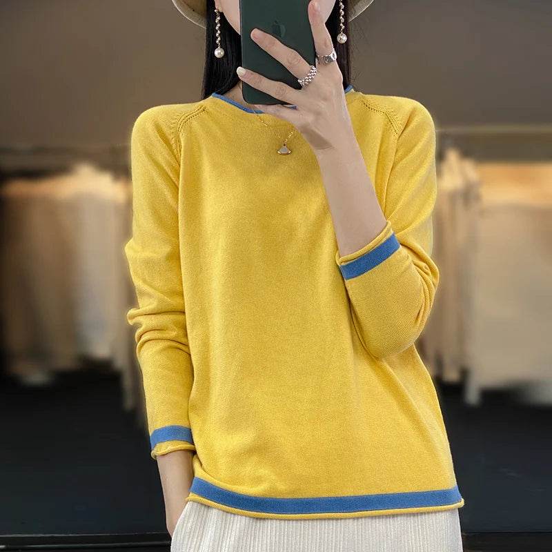 Stylemein - Cotton Knit Sweater – Loose Round Neck Color Block Top