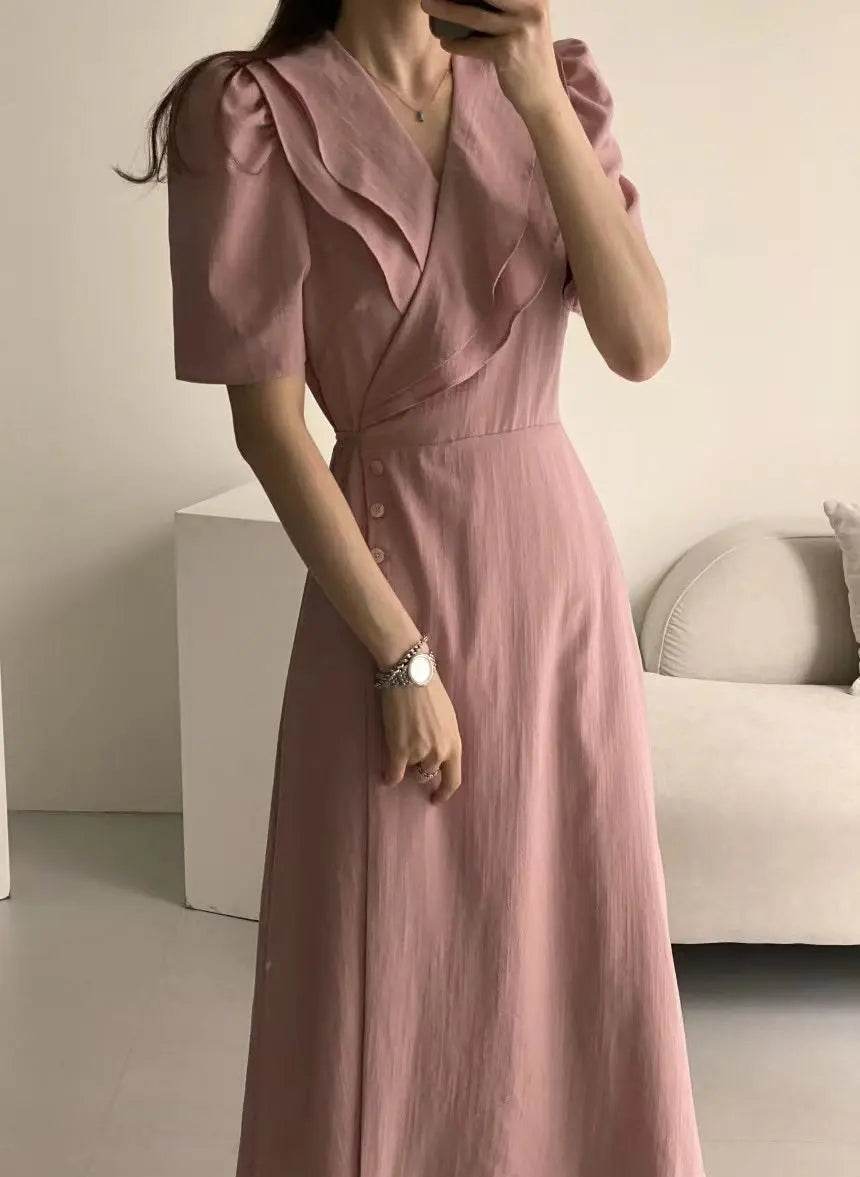 Retro Pink Ruffle Midi Dress – Lace-Up One-Piece Summer Style - Stylemein