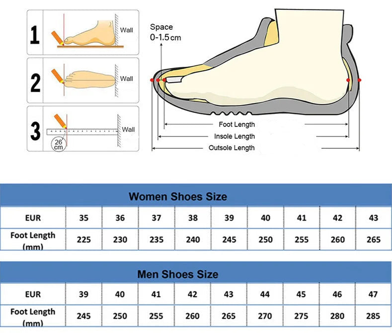 Shoe size chart for women and men with foot length measurements.