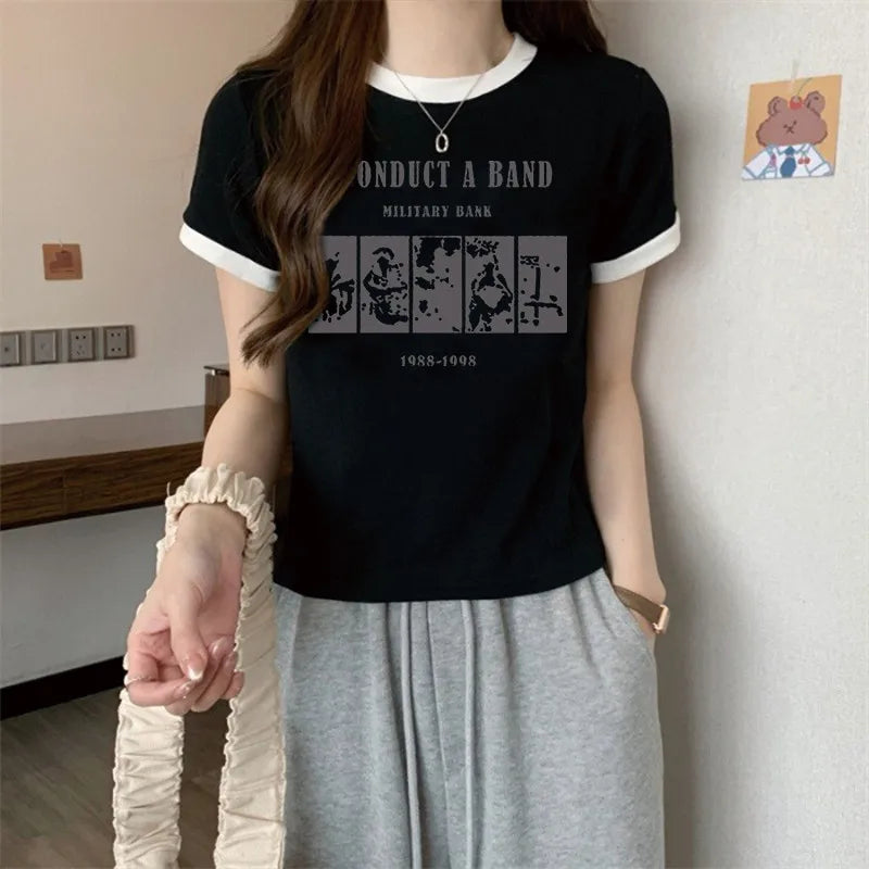 Retro Letter Print T-Shirt – Slim Fit Casual Top