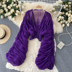 Sexy Chiffon See-Through Blouse for Women – Long Sleeve Folds Party Top in Purple, Green, Black, White
