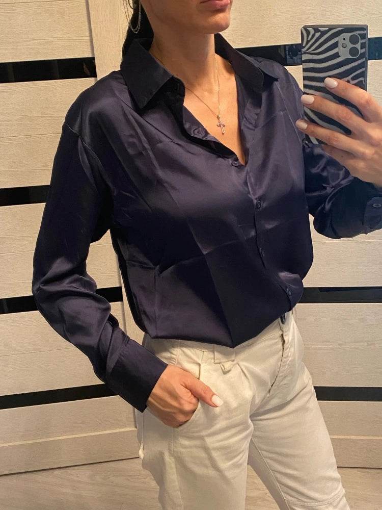 Elegant Satin Loose Fit Women's Shirt – Turn-Down Collar Casual Button Blouse for Spring and Autumn - Stylemein