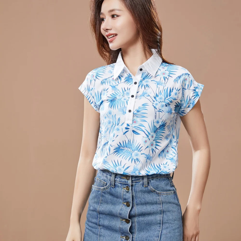 Chiffon Blouse – Spring Summer Casual Short Sleeve Printed Turn-Down Collar Top