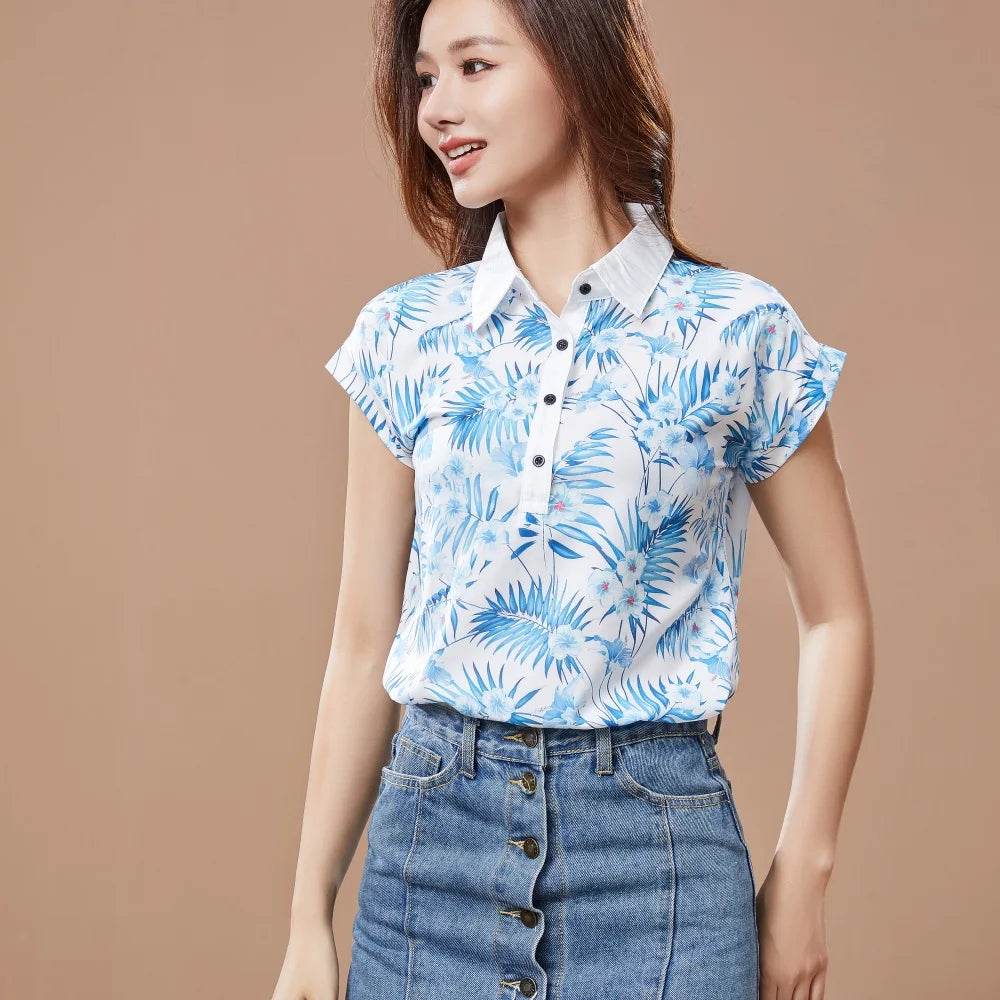 Stylemein - Chiffon Blouse – Spring Summer Casual Short Sleeve Printed Turn-Down Collar Top