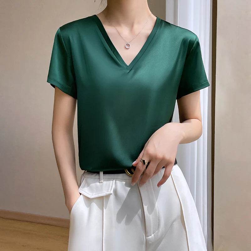 Elegant Satin Silk V-Neck Women's T-Shirt – Short Sleeve Solid Basic Top for Summer - Stylemein