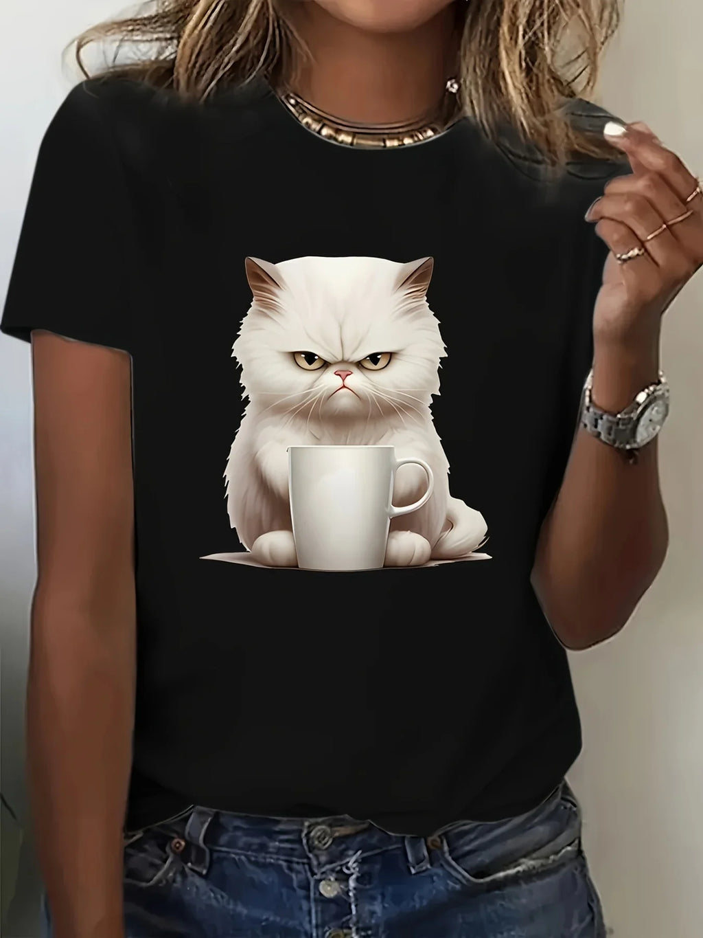 Angry Kitten Print T-Shirt – Casual Short Sleeve Crew Neck Top for Spring Summer
