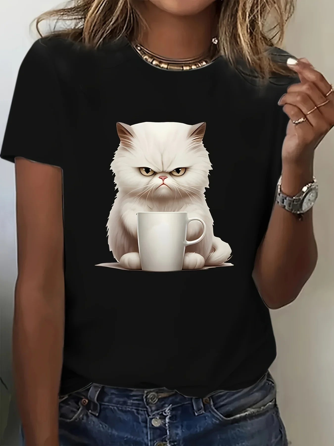 Angry Kitten Print T-Shirt – Casual Short Sleeve Crew Neck Top for Spring Summer