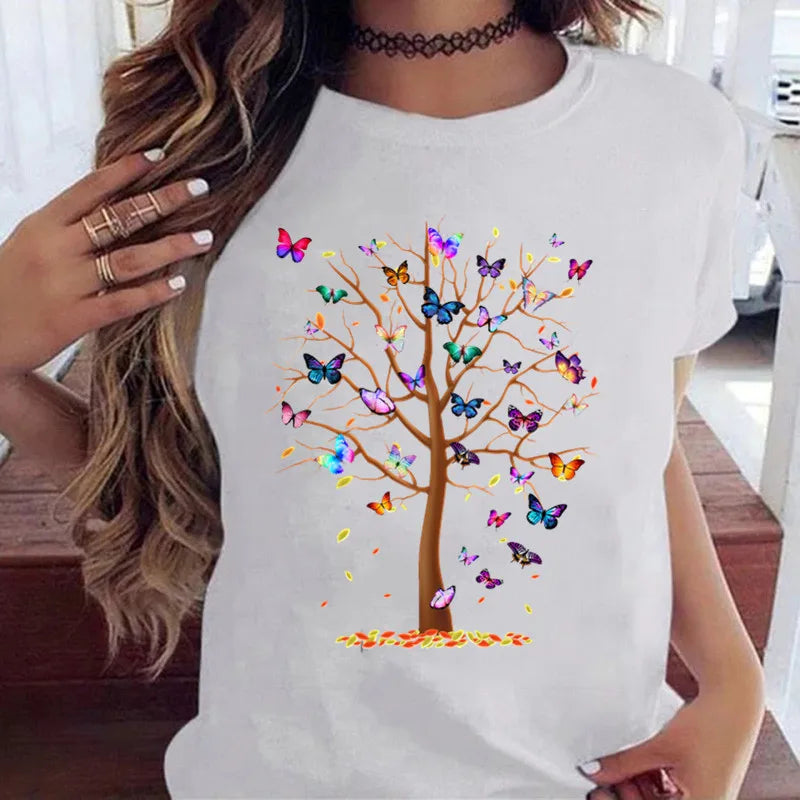 Women’s Butterfly Tree Print Harajuku T-Shirt – Black Round Neck Summer Casual Top