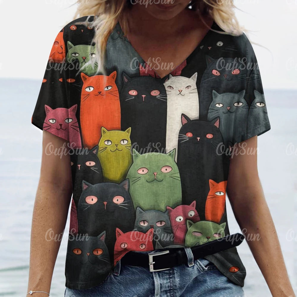 Women’s Oversized Cat Print T-Shirt – Casual Summer Streetwear Top