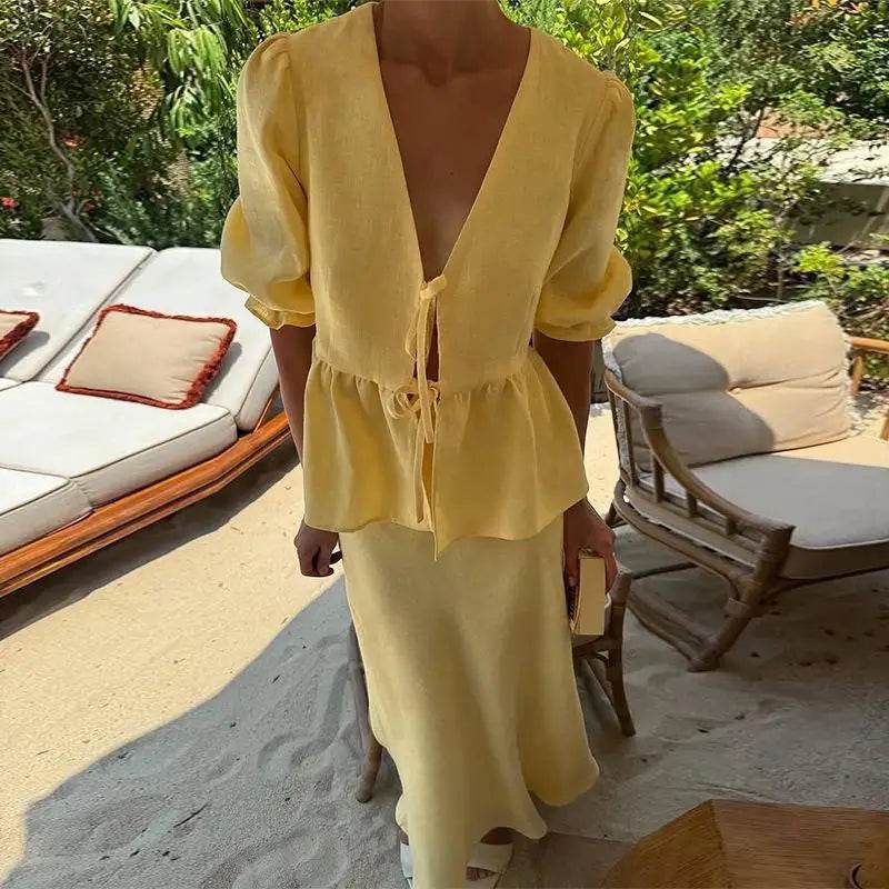 Two-Piece Puff Sleeve Top & Maxi Skirt Set – Women's Elegant Outfit - Stylemein