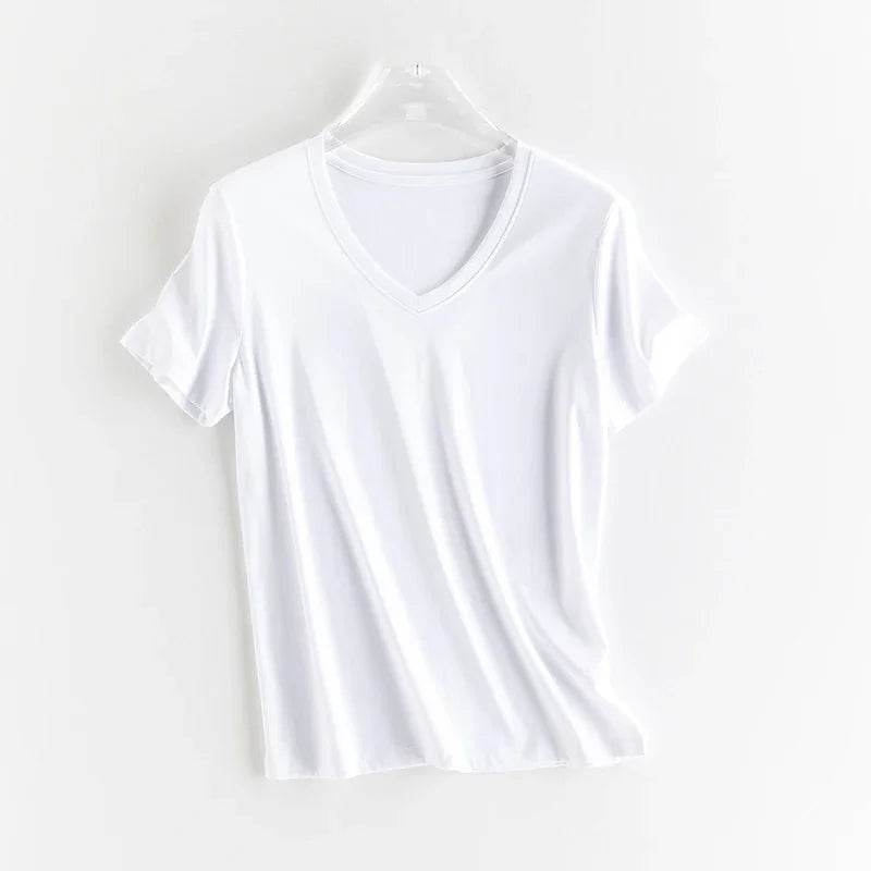 Luxury Silk & Mercerized Cotton Women’s T-Shirt – Short Sleeve Silky Feel V/O-Neck Summer Top - Stylemein