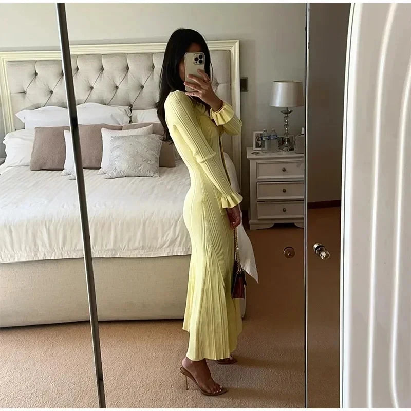 Women’s Winter Knitted Long Dress – Elegant Ruffle Sweater Style