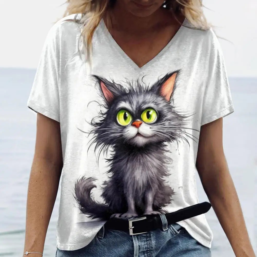 Women’s Oversized Cat Print T-Shirt – Casual Summer Streetwear Top