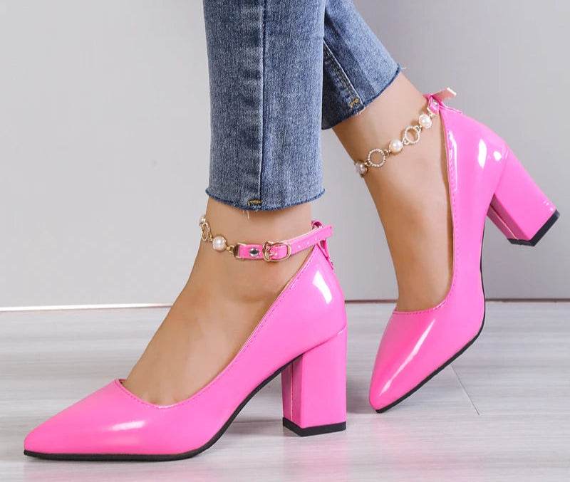 7cm Chunky Heels – Luxury Rhinestone & Pearl Chain Pumps with Pointed Toe, Bling Crystal Dress Shoes - Stylemein