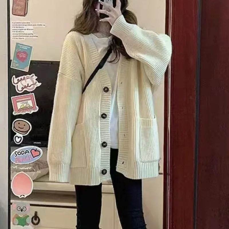 V-Neck Knit Cardigan – Loose Fit Long Sleeve Sweater Jacket - Stylemein