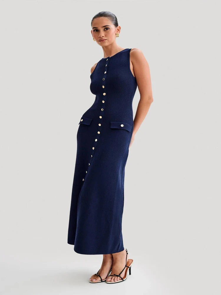Women’s Knitted Long Dress – Elegant Sleeveless Button Bodycon