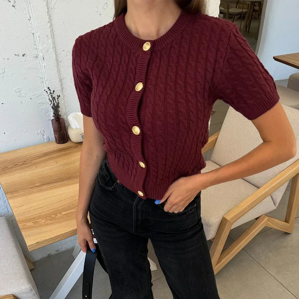 Patchwork Knit Cardigan – Ribbed Short Sleeve Cropped Sweater